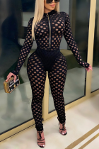 Black Sexy Solid See-through Mesh Zipper Collar Skinny Jumpsuits
