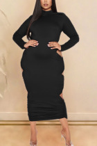 Black Sexy Solid Hollowed Out Backless Fold O Neck Pencil Skirt Dresses