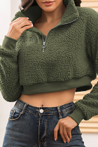 Army Green Sexy Solid Split Joint Turndown Collar Tops