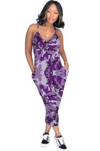purple Sexy Fashion Print Polyester Sleeveless Slip  Jumpsuits