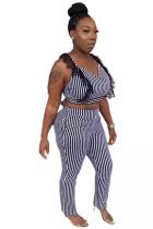 Black Polyester Fashion adult Sexy Bandage Print lace Striped Two Piece Suits Straight Sleeveless  Two-pie