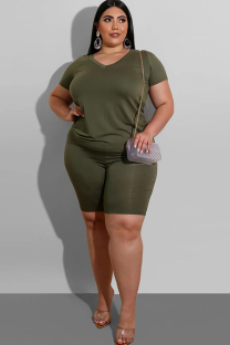 Army Green Polyester Fashion Casual adult Ma'am O Neck Patchwork Solid Two Piece Suits Plus Size 