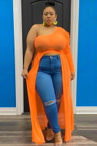 Orange Polyester Sexy Ma'am One Shoulder Collar Solid Plus Size 