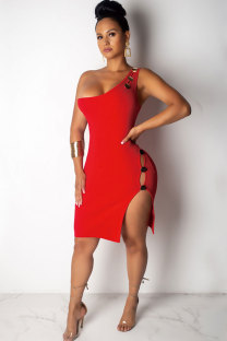Red Polyester Fashion Sexy One Shoulder Sleeveless one shoulder collar Asymmetrical Knee-Length Solid fa