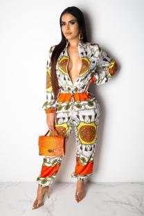 Multi-color Sexy Fashion Print zipper Patchwork Polyester Long Sleeve V Neck  Jumpsuits