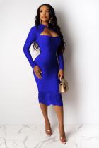 Royal blue Polyester adult Sexy Fashion Cap Sleeve Long Sleeves Half-Open collar Step Skirt Knee-Length lace ho