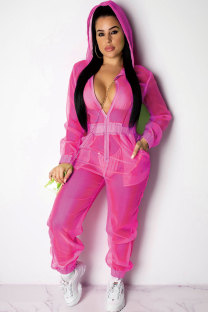 rose red Sexy Fashion Patchwork Solid Mesh Polyester Long Sleeve V Neck  Jumpsuits