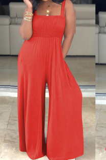 Red Casual Solid Polyester Sleeveless Slip  Jumpsuits