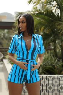 Blue Fashion Sexy Striped Print Patchwork Polyester Short Sleeve V Neck  Rompers