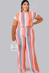 Pink Polyester Sexy O Neck Print Striped Two Piece Suits Stripe 