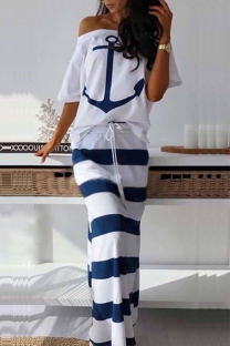 White Polyester Fashion Casual Two Piece Suits Patchwork Striped Print Straight Short Sleeve  Two-Piece Dr
