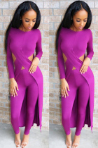 purple Polyester adult Sexy Fashion Solid asymmetrical Patchwork Two Piece Suits HOLLOWED OUT pencil Long S