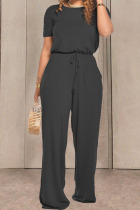 Black Fashion Casual Solid Short Sleeve O Neck Jumpsuits