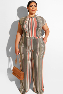 Apricot Polyester Sexy O Neck Print Striped Two Piece Suits Stripe 