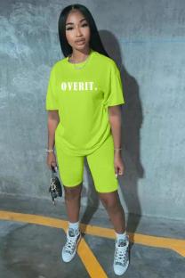 Fluorescent green Polyester Fashion adult Active Letter Print Two Piece Suits Patchwork Straight Short Sleeve  Two-Pie