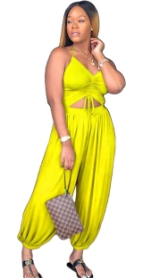 Yellow Polyester Hollow Out Sashes Backless Patchwork Fashion sexy Jumpsuits & Rompers