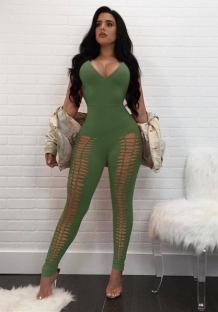 Army Green Polyester Backless Solid Fashion sexy Jumpsuits & Rompers