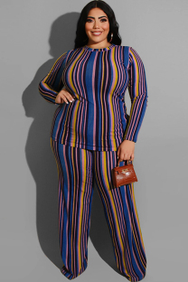 Blue Sexy O Neck Two Piece Suits Print Striped Stripe Plus Size Two Pieces