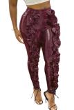 Wine Red PU Elastic Fly Sleeveless Mid stringy selvedge Draped Solid pencil Pants Pants
