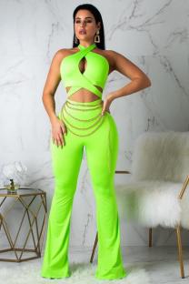 Fluorescent green Casual Fashion Hollow Asymmetrical Solid Backless bandage Polyester Sleeveless Asymmetrical Collar  