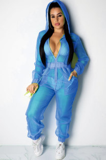Blue Sexy Fashion Patchwork Solid Mesh Polyester Long Sleeve V Neck  Jumpsuits