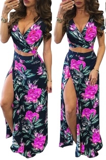 rose red Polyester adult Street Fashion Two Piece Suits Patchwork Print Split Floral A-line skirt Short Sleev