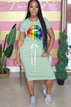 Light Green Fashion Casual Red Black Grey Blue Pink Yellow Light Blue Light Green purple Army Green Cap Sleeve Short Sleeves O neck Straight Mid-Calf Print Solid lip Dresses