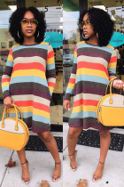 Multi-color Polyester Fashion adult Sexy Cap Sleeve Long Sleeves O neck A-Line Knee-Length Striped Patchwork Poc