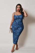 Blue Polyester Fashion Sexy adult Slip Leopard Patchwork Print Stitching Plus Size 