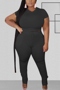 Black Fashion Sexy O Neck Solid Two Piece Suits Stitching Plus Size