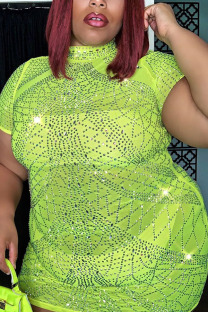 Fluorescent green knitting Fashion Lightly cooked O Neck Patchwork Solid Stitching Rhinestone Plus Size 