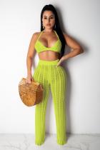 Mustard yellow Polyester Sexy Fashion HOLLOWED OUT Solid crop top Bandage Slim fit Two Piece Suits asymmetrical Str