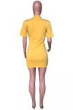 Yellow Fashion Casual Cap Sleeve Short Sleeves O neck Sheath Mini Solid Print