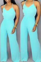 Light Blue Fashion Casual Solid Asymmetrical Polyester Sleeveless Slip  Jumpsuits