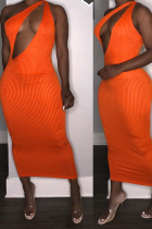 Orange Polyester Fashion Sexy adult One Shoulder Sleeveless one shoulder collar Step Skirt Mid-Calf Striped