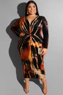 Red Polyester adult Sexy Fashion V Neck Print Tie Dye  Plus Size Dresses