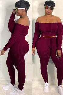 Wine Red Fashion adult Street Solid backless Patchwork Two Piece Suits pencil Long Sleeve