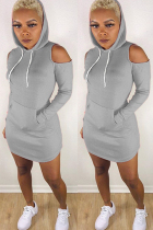Grey Polyester Fashion adult Casual Off The Shoulder Long Sleeves O neck Step Skirt Mini hollow out Patch