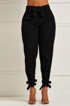 Black Polyester Elastic Fly High Solid Bow-knot Asymmetrical pencil Pants 