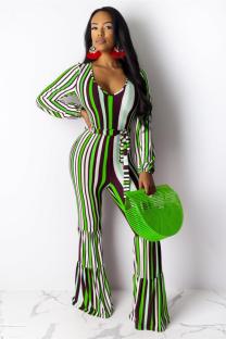 Green Sexy Fashion Print Striped Polyester Sleeveless O Neck 
