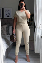 Cream white venetian Casual Fashion Ma'am adult Patchwork Two Piece Suits Solid pencil Short Sleeve Two-piece P