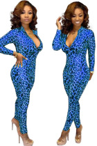 Blue Sexy Print Polyester Long Sleeve O Neck  Jumpsuits