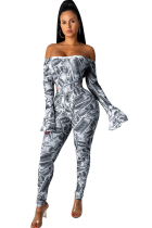 Silver Sexy Print Milk. Long Sleeve one word collar  Jumpsuits