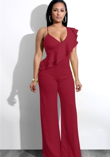 Wine Red Backless Solid Fashion sexy Jumpsuits & Rompers
