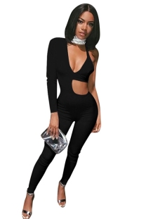 Black Polyester Hole Solid sexy Jumpsuits & Rompers