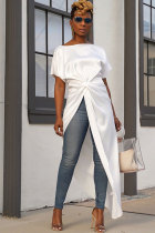 White One word collar Short Sleeve Solid asymmetrical Patchwork bow-knot HOLLOWED OUT Tees & T-