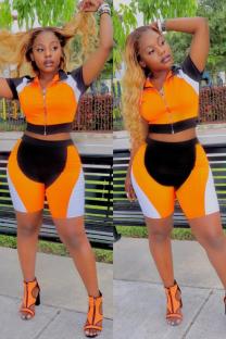 Orange Casual Fashion Zippered Two Piece Suits asymmetrical Slim fit crop top Regular Short Sleev