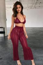 Wine Red Polyester Sexy Fashion HOLLOWED OUT Solid crop top Bandage Slim fit Two Piece Suits asymmetrical Str