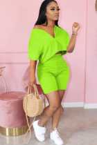 Fluorescent green Polyester Fashion adult Ma'am Street Patchwork Solid Two Piece Suits pencil Short Sleeve Two Pieces