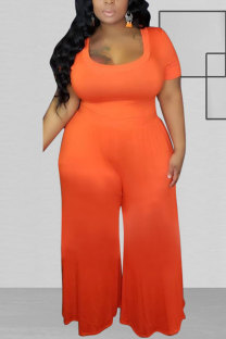 Orange Polyester Fashion Sexy adult O Neck Patchwork Solid Stitching Plus Size 